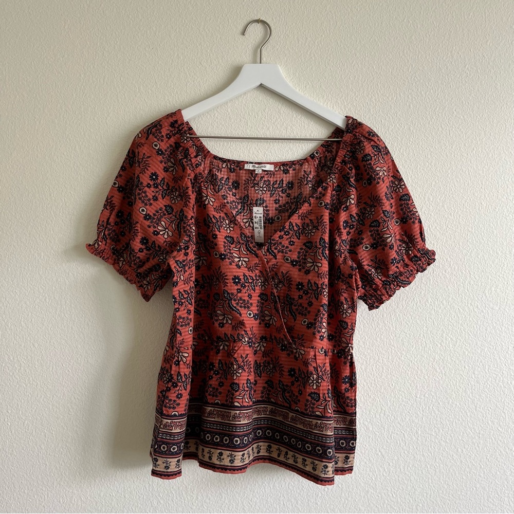 NWT Madewell Puff Sleeve Faux Wrap Top, Medium